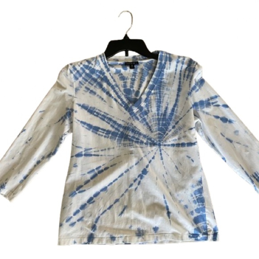 Lafayette 148 New York Blue and White 3/4 Sleeve Top